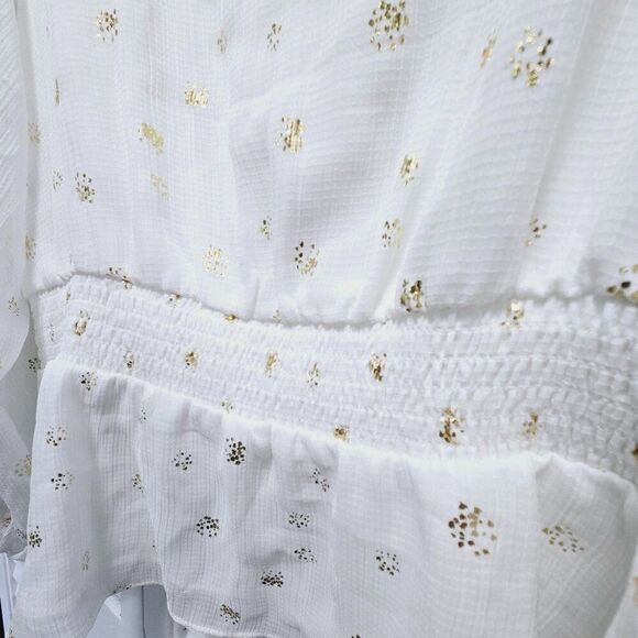 NWT VINCE CAMUTO WOMENS FOILED SMOCKED-HEM PUFF SLEEVES NEW IVORY TUNIC TOP L - Picture 6 of 11